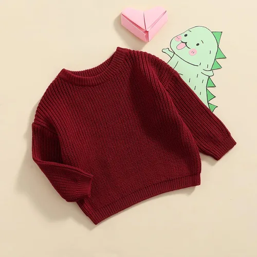 Vista 7 de Suéter de punto para bebé, niña, niño, color sólido, cuello redondo, cálido, suéter de otoño e invierno