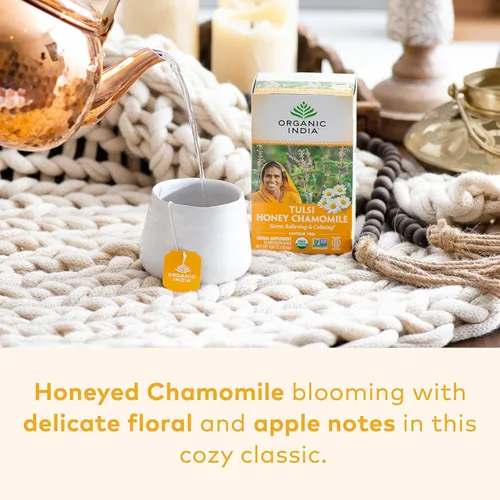 Vista 2 de Organic India Tulsi - Bolsas de té de manzanilla y miel - Té de hierbas para aliviar el estrés y calmar, apoyo inmunológico, adaptógeno, sin gluten