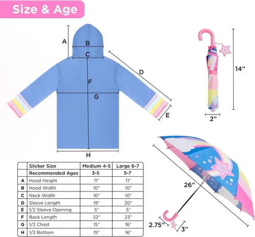 Vista 6 de Kids Umbrella Girls Boys Rain Jacket Toddler Umbrellas for Rain - Kids Raincoat for Boys and Girls Rain Coat for 3-9 Years