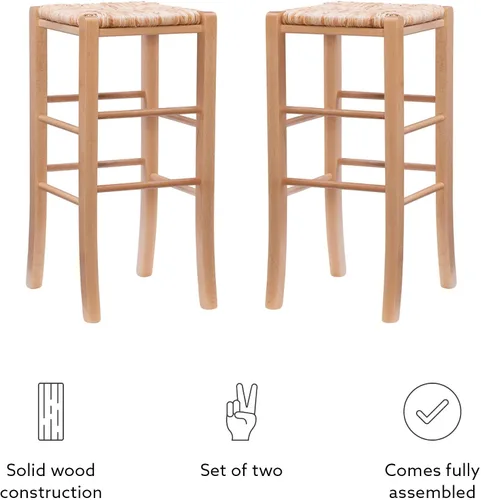 Vista 13 de Linon Asiento de hierba marina tejida natural, juego de 2 taburetes Augustus sin espalda, altura de barra