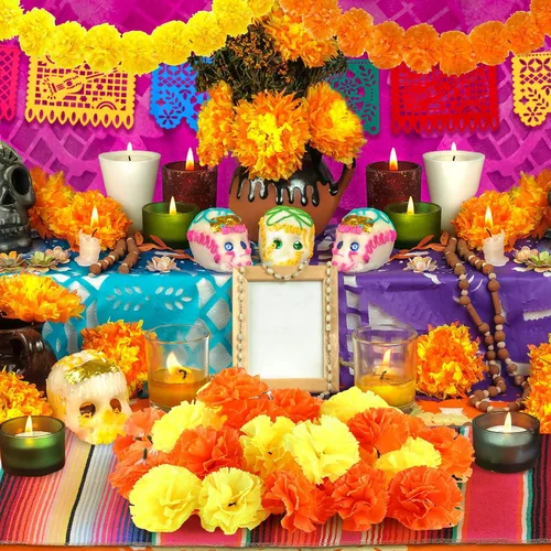 Vista 3 de Retrowavy Juego de 112 piezas de decoración del Día de los Muertos, 100 caléndula artificial a granel, 2 guirnaldas de caléndula artificial de 5