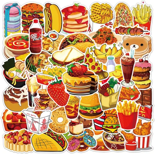 Vista 3 de Calcomanías de comida, 50 unidades, lindas calcomanías de comida rápida, chips de hamburguesa, deliciosas calcomanías estéticas impermeables