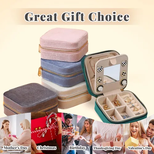 Vista 6 de Dajasan Joyero de viaje de terciopelo, mini estuche de joyería de viaje, pequeño organizador de joyas de viaje portátil con espejo para mujeres