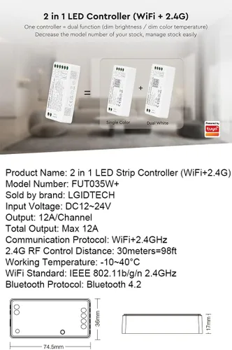 Vista 2 de LGIDTECH FUT035W+ Miboxer 2 en 1 controlador de tira LED WiFi+2.4G, control de aplicación para teléfono inteligente directamente, compatible