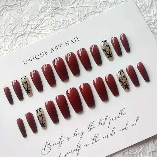Vista 5 de RikView Uñas acrílicas de presión larga, uñas postizas de ataúd rojo con diseño de otoño, cubierta completa, 24 unidades/juego
