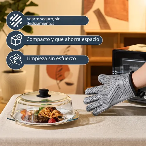 Vista 5 de Tapa protectora contra salpicaduras de microondas de vidrio para platos de comida y utensilios de cocina con guantes para horno, tapa protectora
