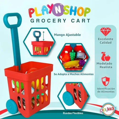 Vista 3 de Playkidz Juego de carrito de compras de juguete, juguetes de plástico para alimentos, juego interactivo, recursos de aprendizaje y diversión