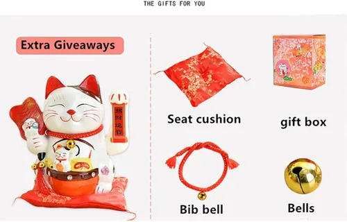 Vista 4 de Maneki Neko de 10 pulgadas, gato de la fortuna de la suerte con brazo agitador operado por oro, gato chino Feng Shui para tiendas, restaurantes