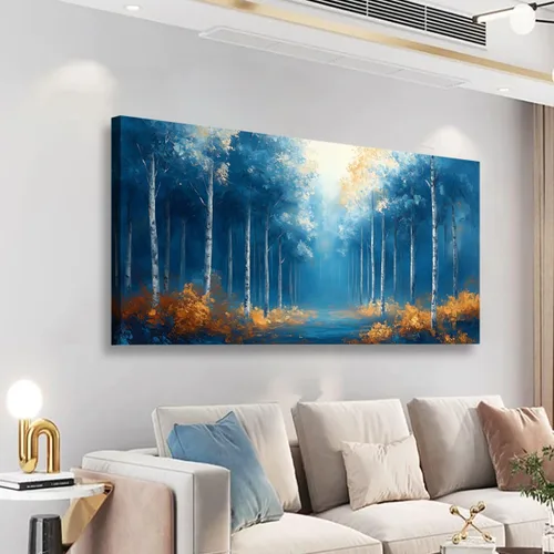 Vista 9 de Cuadros de bosque azul para pared, arte de pared para sala de estar, dormitorio, bosque impreso para decoración del hogar, arte abstracto de niebla