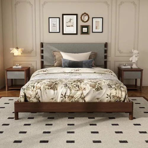 Vista 10 de Merax Moderno juego de base de cama Queen con 2 mesitas de noche, cama de plataforma de madera beige con cabecero y mesitas de noche a juego