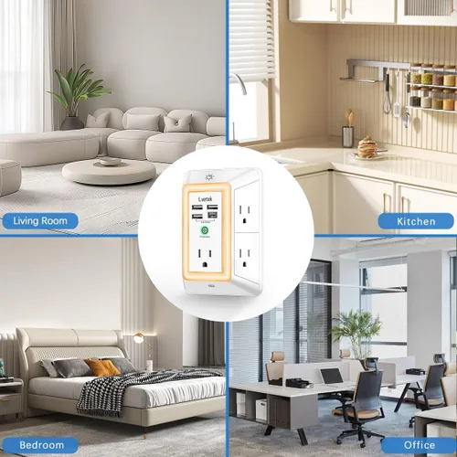Vista 20 de Extensor de tomacorriente, protector de sobretensiones con 5 enchufes múltiples y 4 puertos USB (2 USB C), cargador de pared de regleta