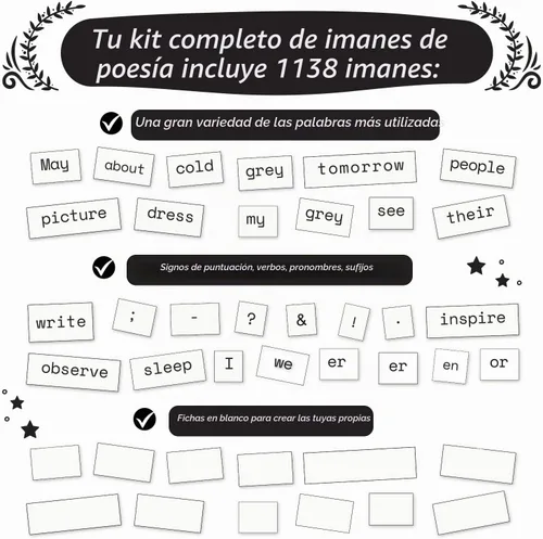 Vista 4 de Kit Completo de imanes de poesía de 1138 piezas, imán de palabras para nevera, palabras magnéticas, imanes de palabras para nevera, construcción