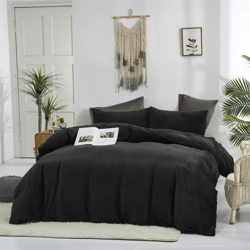 Vista 2 de Wellboo - Juego de edredón de terciopelo color negro tamaño full, ropa de cama esponjosa de color sólido, colcha de franela para mujeres y hombres