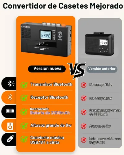 Vista 4 de Gracioso Convertidor de casete Bluetooth a MP3 con batería de 2000 mAH Transmisor y receptor Bluetooth Reproductor de cinta de casete con altavoz