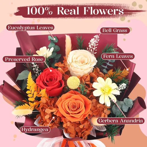 Vista 3 de Flores preservadas para entrega, ramo de flores naranjas frescas con caja de regalo, regalos de rosas eternas para mujeres, mamá, esposa en Navidad