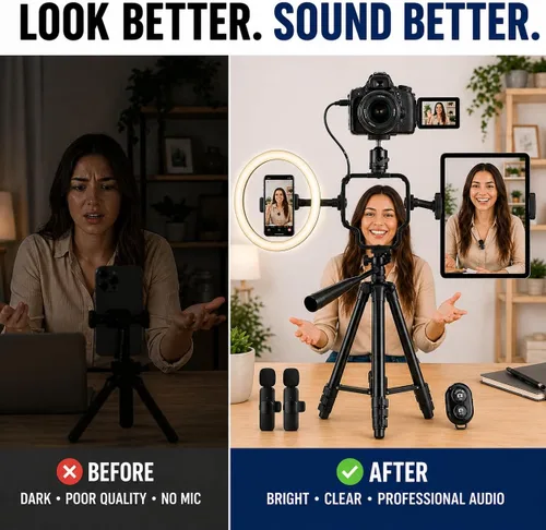 Vista 6 de Acuvar Kit de vlogging con trípode de luz de anillo – Kit de creación de contenido para iPhone, Android y tabletas, micrófono, control remoto