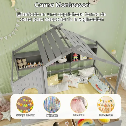 Vista 6 de KOMFOTT Cama de madera de tamaño individual con 2 cajones, marco de cama de madera con almacenamiento en cubos y rieles de valla, plataforma de Gris