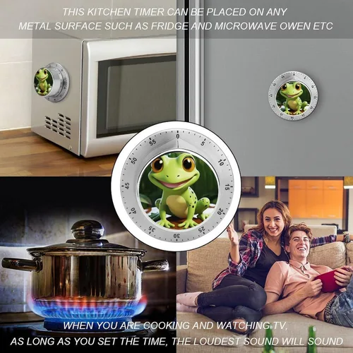 Vista 4 de Temporizador mecánico de cocina de 60 minutos, temporizador de cuerda con rana linda, temporizador de cocina de chef con alarma fuerte, no requiere