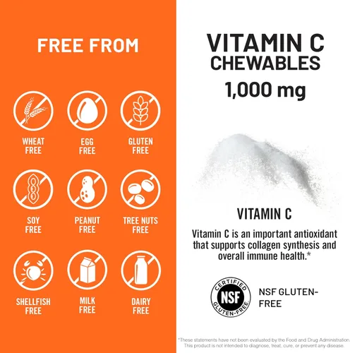 Vista 5 de NatureWise Vitamina C masticable extra fuerte 1000 mg para adultos, sabor natural a naranja, sistema inmunológico y apoyo antioxidante, sin OMG
