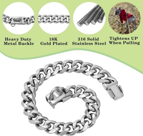 Vista 3 de Collares para perros de acero inoxidable plateado y dorado con cierre de seguridad, collar de cadena tipo cubano de 18 quilates para entrenamiento