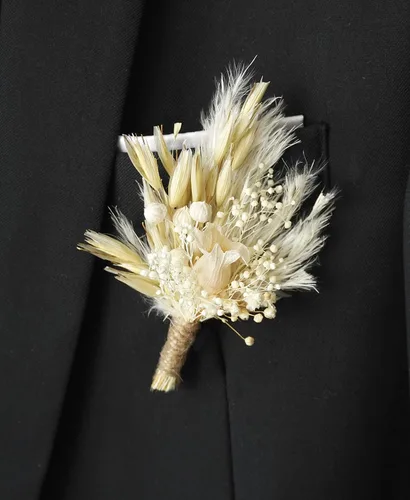 Vista 10 de Flores secas blancas Boho Pampas Boutonniere secas, ramo de flores secas rústicas, pin de solapa para mujeres/novios para hombres (B01)