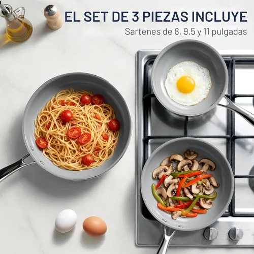 Vista 7 de Kikcoin - Juego de sartenes de cerámica antiadherentes - 3 tamaños, sartenes para tortilla para una cocina saludable, 8+9.5+11 pulgadas, con asa