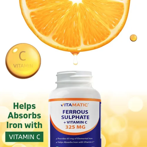 Vista 5 de Vitamatic Sulfato ferroso 325 mg con vitamina C 100 mg (65 mg de hierro elemental) – Suplemento de hierro de alta potencia – Sin