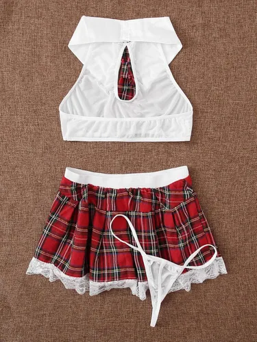 Vista 2 de SweatyRocks Disfraz de mujer sexy conjunto de lencería para cosplay y falda a cuadros