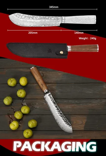 Vista 5 de YOUSUNLONG Cuchillo de carnicero japonés martillado de acero de Damasco de 8 pulgadas, mango de madera de nogal natural