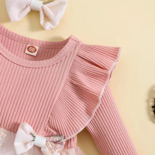 Vista 5 de Mameluco de manga larga con volantes para bebé niña, mameluco bordado de malla, vestido tutú para otoño