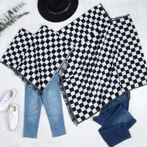 Vista 7 de Manta chal envolvente con capa a juego para mamá y yo Boho Open Front Winter Poncho Buffalo Plaid Warm Cardigan