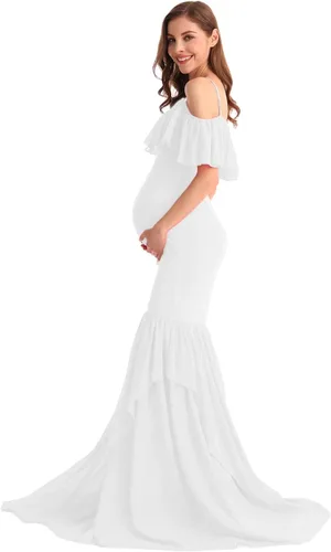 Vista 40 de MYRISAM Vestido de maternidad con volantes y hombros descubiertos para mujer, vestido de fiesta de sirena de gasa, vestido ajustado