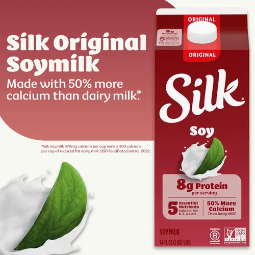 Vista 5 de Silk - Leche de soya, original, sin lácteos, vegana, sin OGM verificada por el «Proyecto Non-GMO», medio galón, 64 fl oz