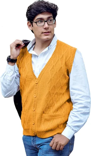 Vista 6 de TINKUY Chaleco peruano de lana de alpaca con cuello en V para hombre, S-4XL Negro