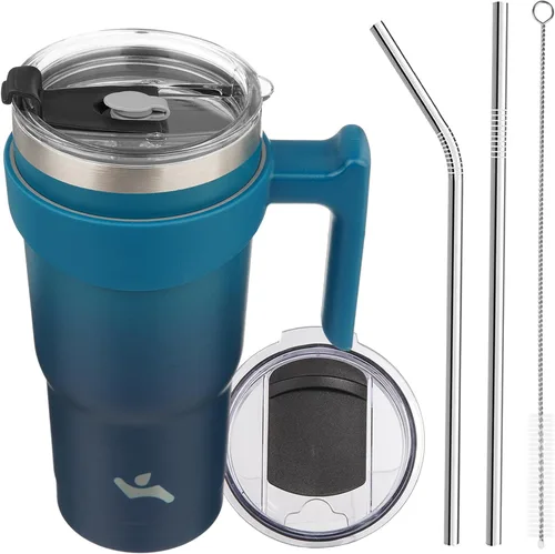 Vista 36 de Konokyo - Vaso de 10 onzas con asa y 2 popotes, 2 tapas, botella de agua aislada de acero inoxidable, taza de viaje reutilizable, color verde militar