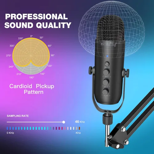 Vista 3 de ZealSound Micrófono de podcast con brazo de brazo, micrófono USB con reducción de ruido, silencio, eco y control de volumen, monitoreo de latencia