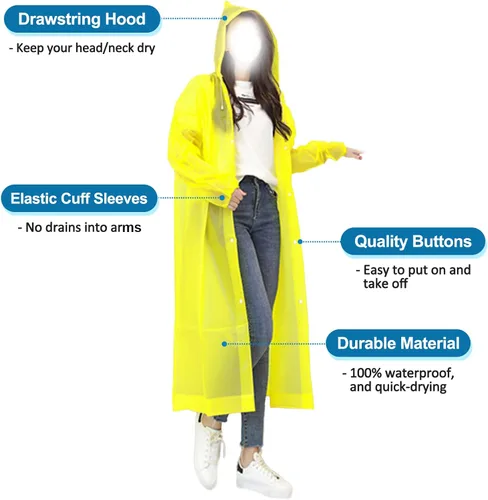 Vista 2 de RYNCO Poncho de lluvia transparente, unisex, portátil, reutilizable, transparente, con capucha, impermeable para adultos con mangas elásticas