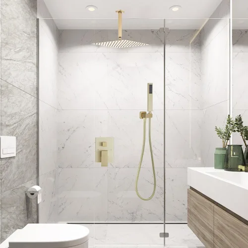 Vista 2 de Sistema de Ducha Dorado Cepillado para Baño con Cabezal de Ducha de Lluvia de 10 Pulgadas de Montaje en Techo con Ducha de Mano de Lujo de Alta