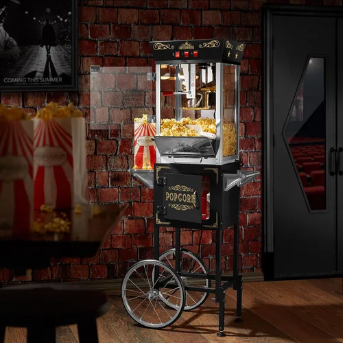Vista 2 de Olde Midway Máquina de palomitas de maíz estilo cine con carrito y hervidor de 8 onzas - Negro, estilo vintage con ruedas