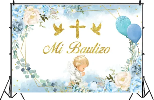 Vista 3 de Telón de fondo de bautismo, 7 x 5 pies, diseño de hojas de eucalipto florales azules y rosas, fondo de fotografía con tema de ángel, decoración