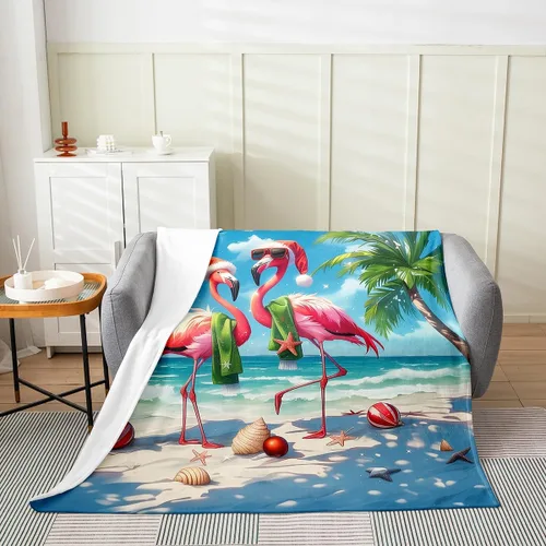 Vista 3 de Flamingo Couple Flannel Blankets,Christmas Themed Fleece Blanket,Kids Girls Boys Adult Tropical Sea Beach Fuzzy Blankets Coconut Tree Sherpa Blanket