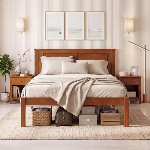Vista 4 de KOMFOTT Twin Size Bed Frame, Farmhouse Wooden Platform Bed with Headboard Walnut