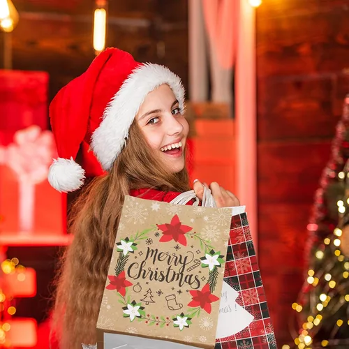 Vista 5 de Resholder 48 Piezas Bolsas de Papel Kraft de Regalo de Navidad a Granel con Asas Bolsas de Dulces Navideñas Reutilizables para Regalos Suministros
