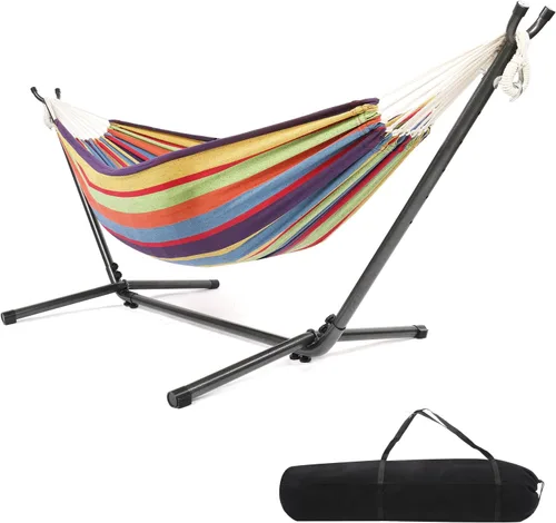 Vista 10 de Hamaca doble OnCloud con soporte de 9 pies, con estuche para transporte que ahorra espacio, Amarillo Azul