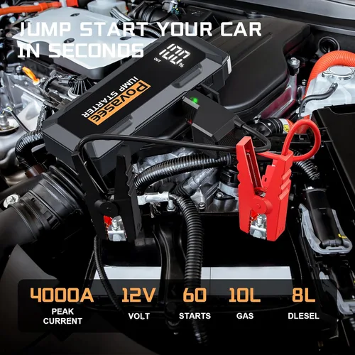 Vista 2 de Povasee Arrancador de 4000 amperios, arrancador de batería de 12 voltios (10L de gasolina, motor diésel de 10L), arrancador de batería de coche