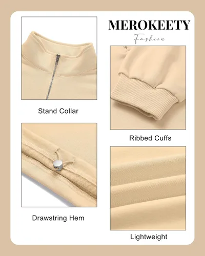 Vista 5 de MEROKEETY Sudadera corta con cremallera de un cuarto para mujer, manga larga, cuello alto, con cordón