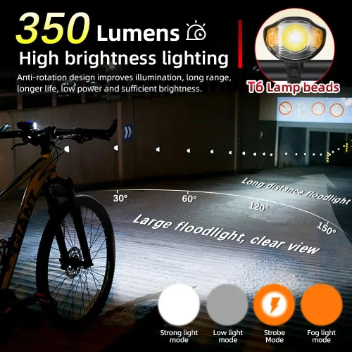 Vista 4 de Juego de 6 luces LED multifuncionales impermeables superbrillantes para bicicleta, carga USB, faro delantero de bicicleta y luz trasera trasera