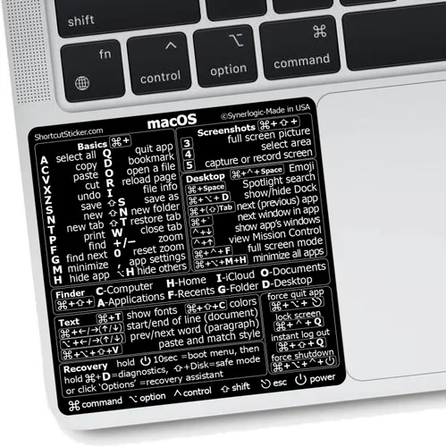 Vista 16 de Synerlogic Pegatina de accesos directos de Mac OS Calcomanías de teclado para macOS Hoja de trucos de vinilo laminado para MacBook para Negro