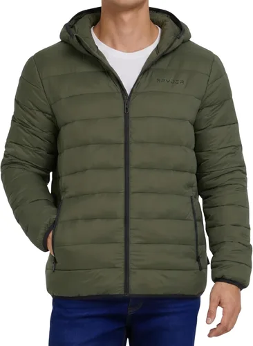 Vista 13 de Spyder Chaqueta acolchada plegable para hombre con capucha, chaquetas de invierno ligeras para hombre Negro