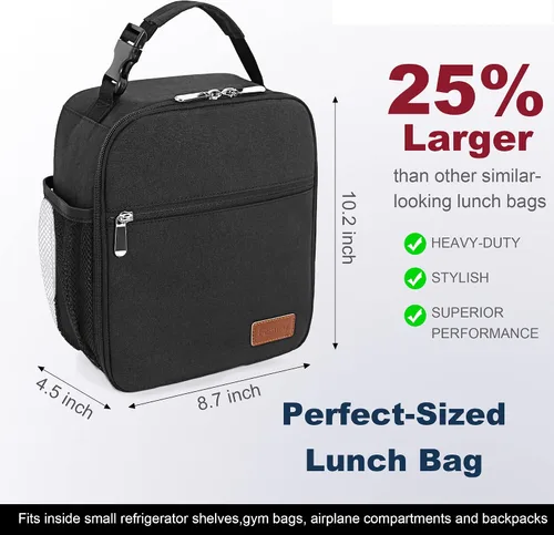 Vista 2 de Femuar Bolsa de almuerzo para hombres, mujeres y adultos, pequeña para oficina, trabajo, picnic, bolsa de almuerzo portátil reutilizable, color negro